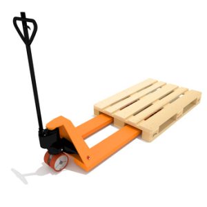 Orange manual hand hydraulic pallet truck Industrial Equipment Warehouse, orange manual hand hydraulic pallet truck, forklift, isolated on a white background, saved path, nobody.